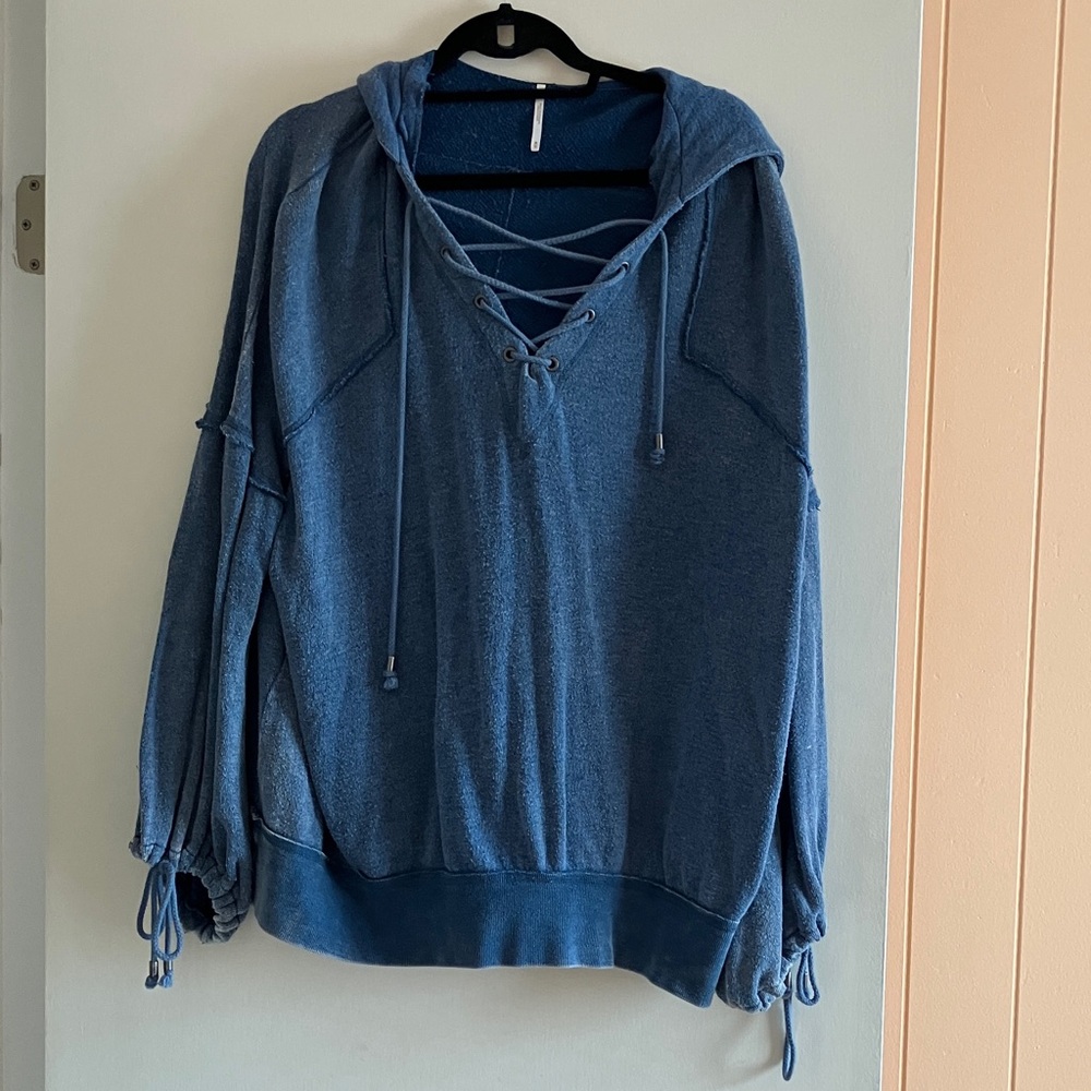 Free People Lace-Up Hooded Pullover in Denim Blue